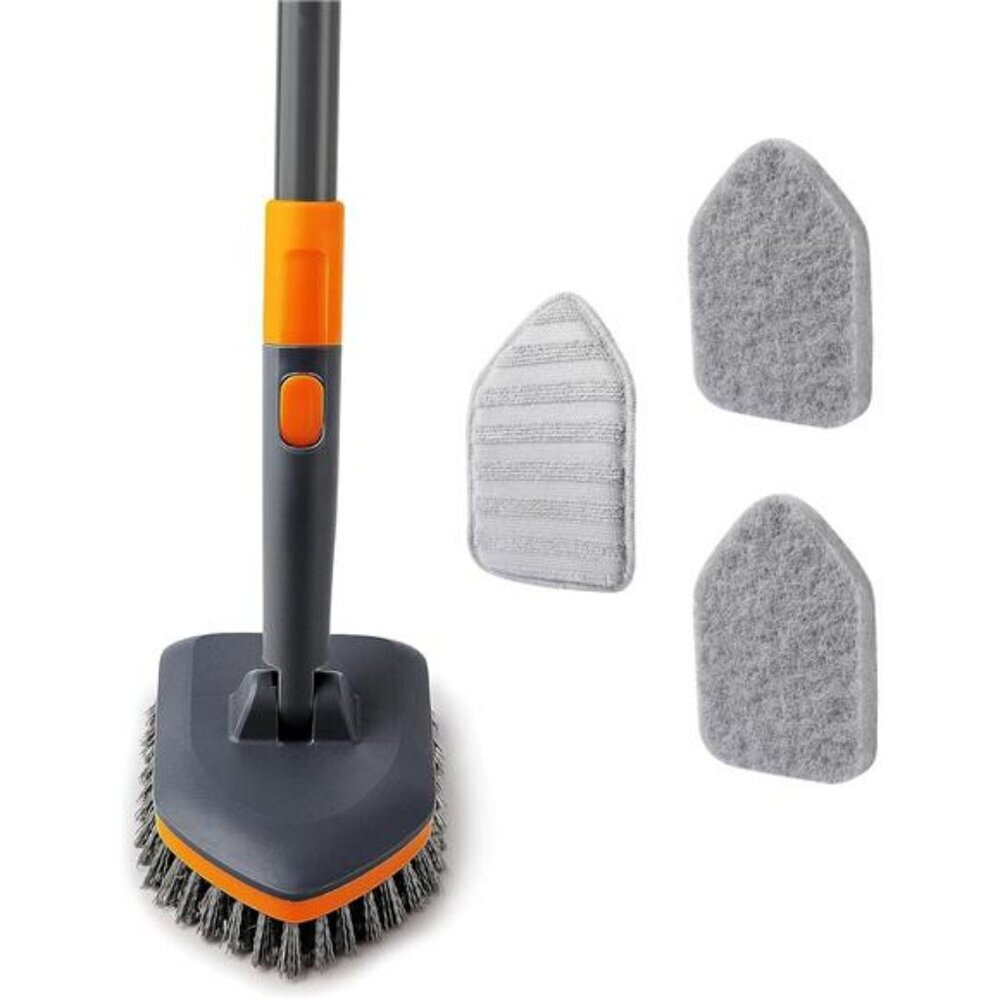 Long handle tile tub scrubber brush with 3 heads for shower bath wall floor